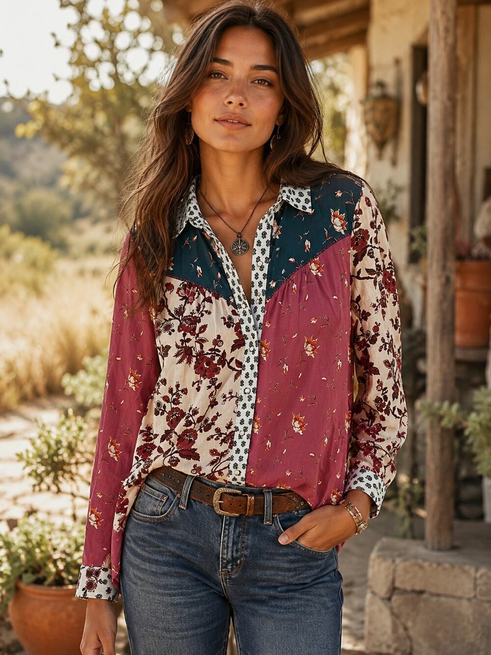 Sundance SZ S Patchwork Style Pearl Snap Long Sleeve Cotton Shirt